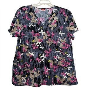 💥2/$15 Y2K Dickies grey black pink khaki floral butterfly scrub top size 2XL